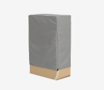 Custom-made grey protective cover placed on a rectangular cuboid object, finished at the bottom with a white drawstring.