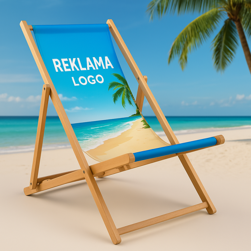 Tumbona publicitaria de madera con estampado de playa e inscripción REKLAMA LOGO en la orilla arenosa del mar.