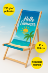 Wooden beach sun lounger with Hello Summer text and palm print, made of 210 g/m2 polyester.