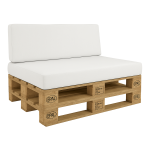 White cover for garden cushions on a pallet sofa, ideal for modern terrace and balcony furniture.
