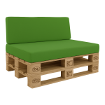 Green cover for garden cushions on a wooden pallet sofa.