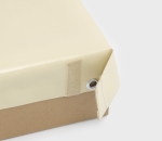 Custom-made trailer tarpaulin with fixing eyelet, velcro and solid corner fold, reinforced PVC material.