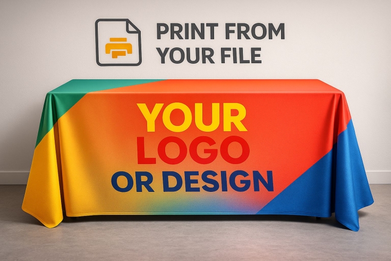Tovaglia pubblicitaria colorata con stampa logo e design personalizzato, su misura, ideale per fiere ed eventi.