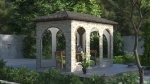 Stone garden gazebo sheltered by a transparent terrace tarpaulin with white arches, protecting garden furniture.