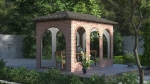 Garden gazebo sheltered by a custom-made transparent tarpaulin with brick imitation print, protecting terrace furniture.