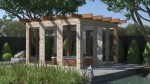 Maßgefertigte transparente Terrassenplane zum Schutz eines Pavillons mit Whirlpool, montiert an einer Gartenkonstruktion aus Holz.