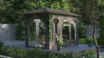 Garden gazebos shielded by a transparent terrace tarpaulin with a print imitating a stone wall with climbing plants.