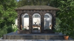 Maßgefertigte transparente Plane als Schutz für einen Gartenpavillon aus Stein mit aufgedruckter Fenstergrafik und Essbereich innen.