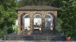 Stone garden gazebo with custom-made transparent tarpaulins protecting the terrace interior.