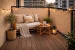 Beige matte HDPE balcony privacy screen made to measure with fairy lights on a cosy balcony with wooden sofa.