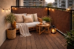 Brise-vue de balcon en HDPE sur mesure de couleur marron monté sur le garde-corps d'une terrasse confortablement aménagée.