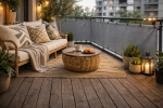 Custom-made grey HDPE balcony privacy screen mounted on a railing with garden furniture and atmospheric lighting.