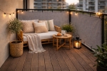 Accogliente balcone con mobili in legno e protezione in HDPE beige su misura montata sulla ringhiera.