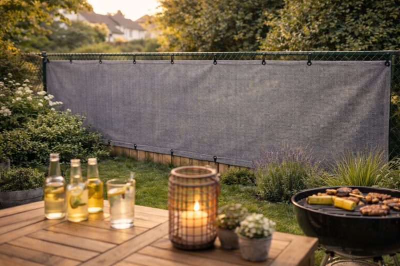 Grijs HDPE-hekwerkscherm op maat gemonteerd op een gaashekwerk in de tuin tijdens een zomerse barbecue.