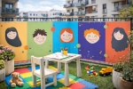 Färgglatt balkongskydd måttbeställt med barnmotiv, vitt bord, leksaker och skumplastmatta på balkongen.