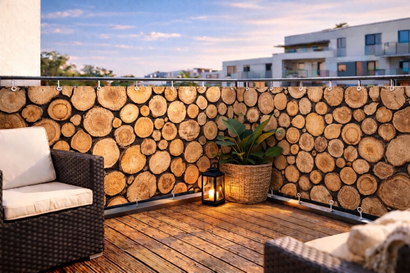 Raster balkonhekbekleding op maat met boomstamprint op een modern balkon met tuinmeubelen en lantaarn.
