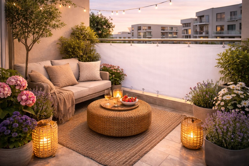 Beigefarbene Balkon-Sichtschutz-Markise nach Maß, montiert am Terrassengeländer mit Gartenmöbeln und Blumen.