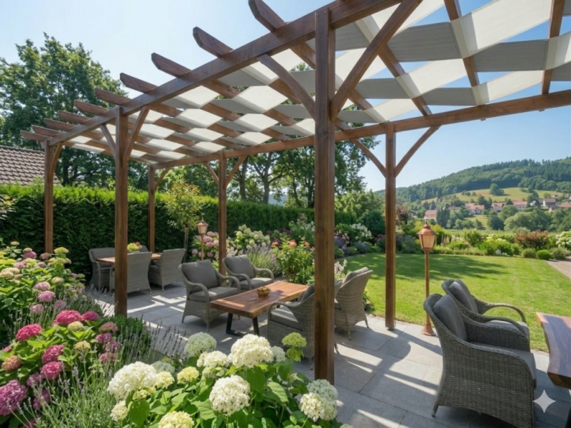 Vandtæt pavillonstrimmel 0,5x5 m, monteret på en træpergola over havemøbler.