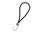 Black rubber expander with a plastic hook for securing sun sails against a sand background.