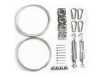 Mounting kit for garden curtain to wood: steel cables, turnbuckles, carabiners and eye plates.