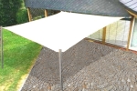 White rectangular sun sail 3.2x4.2 m mounted on metal poles over a paved terrace.