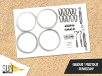 Kit de montaje para vela de sombra cuadrada: cables de acero, mosquetones, tensores y soportes.