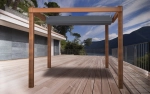 Vela de sombra retrátil impermeável 2,5x3 m montada numa pérgula de madeira num terraço moderno com vista para a montanha.