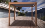 Kihúzható vízálló napvitorla 3x5 modern pergola formájában, fa teraszon, hegyi panorámával.