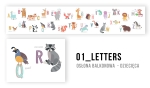Protezione da balcone per bambini con lettere dell'alfabeto e animali come procione, panda o giraffa. Motivo educativo.