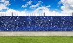 Custom-made balcony screen with a children's space motif, rockets and astronauts on a blue background, mounted on a fence.