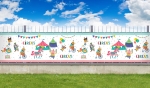 Balkonscherm op maat met kleurrijk circusmotief, vrolijke dieren, tenten en Circus-opschriften.