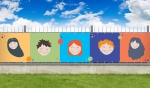 Custom-made balcony screen with children's motif: colourful characters against a sky and grass background.