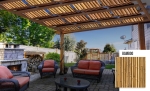 Graphite custom-made sunshade sail strip with bamboo pattern mounted on a wooden terrace pergola.