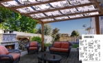 Skreddersydd solseil for pergola med Good Vibes-trykk som skjermer terrasse med hagemøbler og peis.