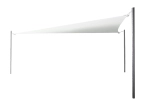 White triangular sun sail 5x5x7 m stretched on three dark mounting poles on a white background.