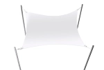 Toldo vela rectangular blanco impermeable, fijado en cuatro mástiles sobre fondo blanco.