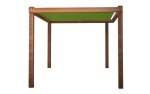 Green premium retractable waterproof sun sail mounted on a wooden garden pergola.