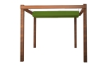 Waterproof premium retractable sail made to measure installed on a wooden terrace pergola in green.