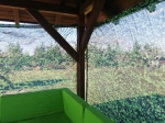 Custom-made sheer curtain with botanical graphics installed in a wooden gazebo over a green garden sofa.