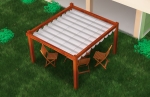 Οριζόντιο ρωμαϊκό στόρι premium Decor 2,5x3 m τοποθετημένο σε ξύλινη πέργκολα κήπου πάνω από έπιπλα.