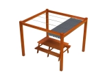 Store romain horizontal premium Decor 2,5x3 sur une pergola en bois avec table de jardin ombragée.