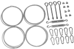 Mounting kit for shade sails on metal structures: steel cables, turnbuckles, hooks and clamps.