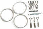 Triangle wall mounting kit: steel cables, carabiners, clamps, turnbuckle, and wall plugs with hooks.