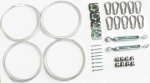 Sun sail mounting kit for wood: steel cables, turnbuckles, carabiners, and eye plates.