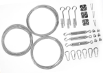 Kit de montaje mixto para toldos vela correderos de 3 cables: cables de acero, tensores, mosquetones y ganchos.