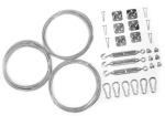 Kit de montagem para velas de sombra retráteis em 3 cabos para madeira, incluindo cabos de aço, parafusos, esticadores e mosquetões.