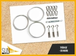 Sunshade wall mounting kit for triangular sail: steel cables, carabiners, turnbuckle and wall plugs.