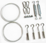 Mounting kit for retractable slide sails to walls: steel cables, tensioners, carabiners, clamps, and hook bolts.