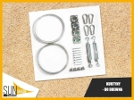 Mounting kit for curtains on wooden structures: steel cables, screws, carabiners, and tensioners by SunShade.
