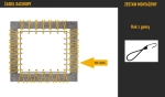 Schemă de montaj pentru velă solară din mesh cu cârlige elastice fixate pe cadru.